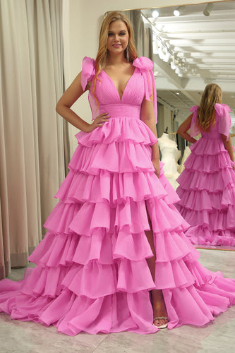 Fuchsia A Line Deep V Neck Long Tiered Prom Dress With Slit