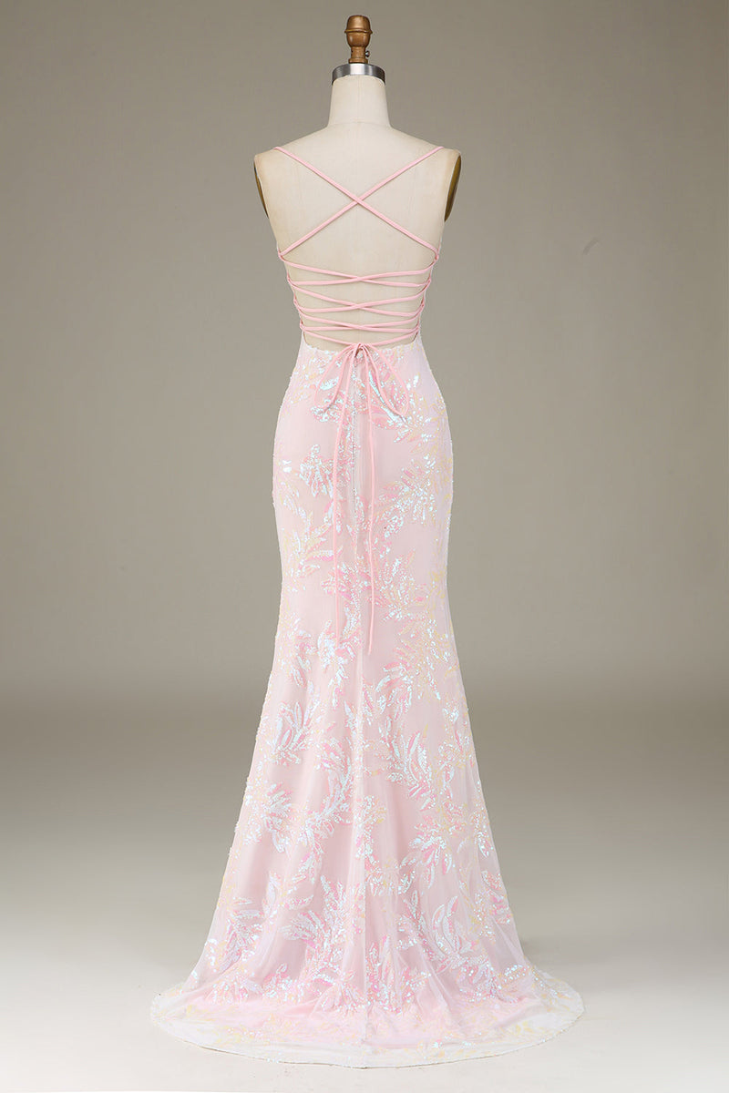 Load image into Gallery viewer, Mermaid Sparkly Pink Prom Dress with Slit