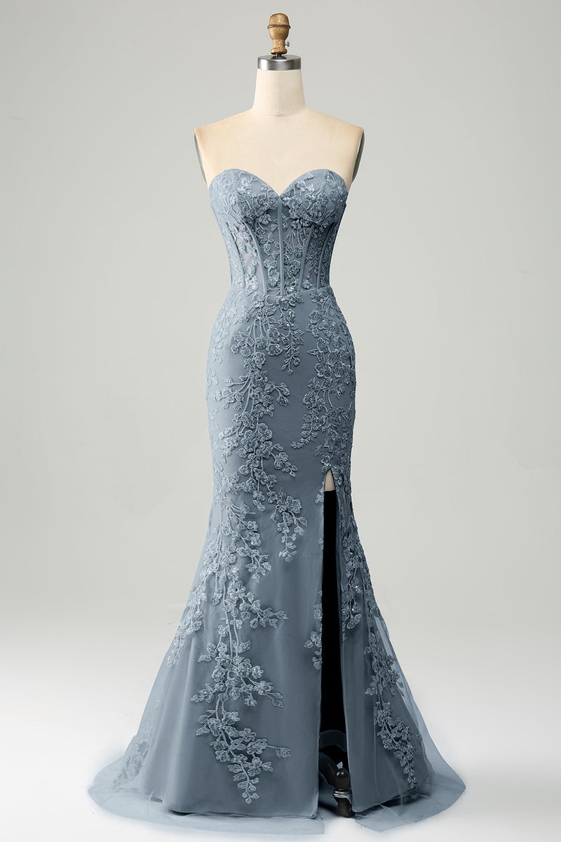 Load image into Gallery viewer, Mermaid Grey Blue Sweetheart Corset Appliques Prom Dress With Side Slit