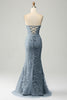 Load image into Gallery viewer, Mermaid Grey Blue Sweetheart Corset Appliques Prom Dress With Side Slit