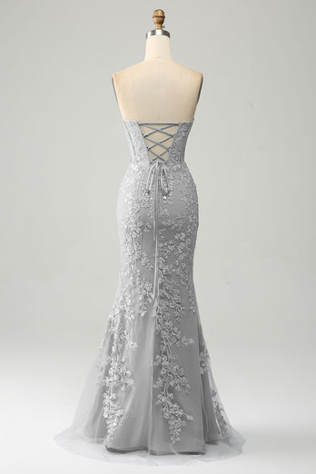 Mermaid Grey Blue Sweetheart Corset Appliques Prom Dress With Side Slit