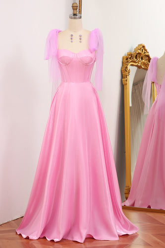 Shiny Pink A Line Backless Long Corset Prom Dress