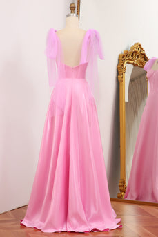 Shiny Pink A Line Backless Long Corset Prom Dress