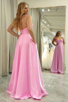 Glitter Pink A Line Spaghetti Straps Backless Long Corset Prom Dress