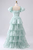 Load image into Gallery viewer, Light Blue A Line Floral Long Tiered Prom Dress With Short Sleeves