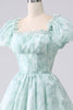 Load image into Gallery viewer, Light Blue A Line Floral Long Tiered Prom Dress With Short Sleeves