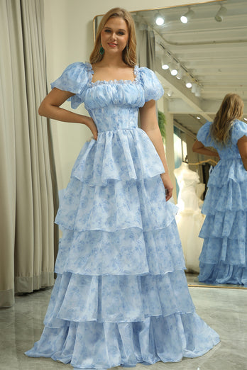 Light Blue A Line Floral Long Tiered Prom Dress With Short Sleeves