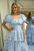 Load image into Gallery viewer, Light Blue A Line Floral Long Tiered Prom Dress With Short Sleeves