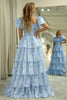 Load image into Gallery viewer, Light Blue A Line Floral Long Tiered Prom Dress With Short Sleeves