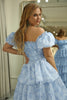 Load image into Gallery viewer, Light Blue A Line Floral Long Tiered Prom Dress With Short Sleeves