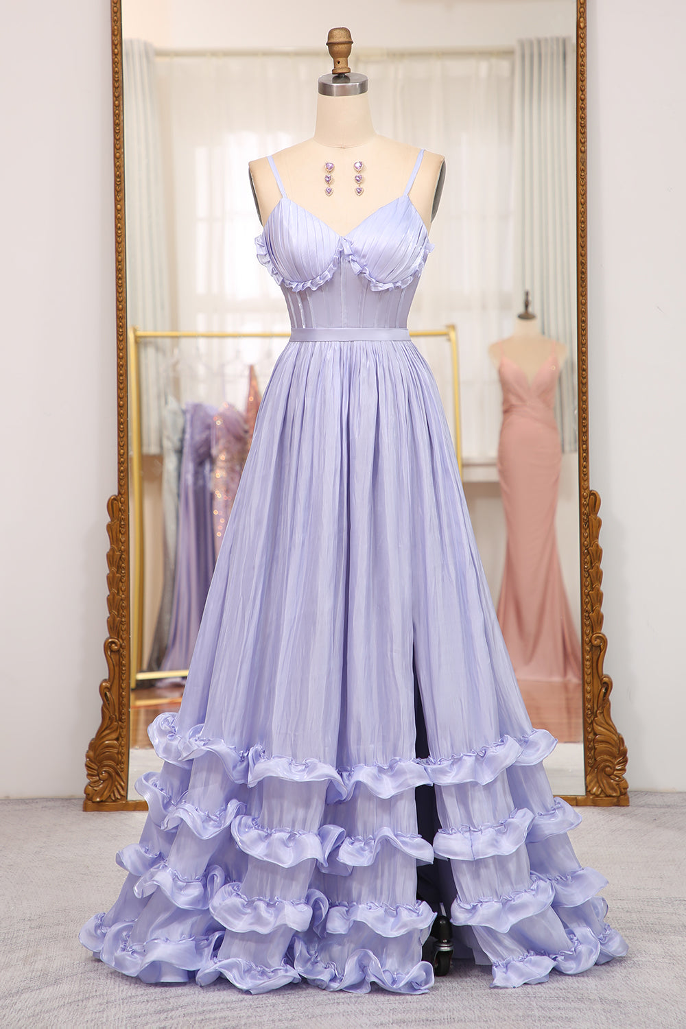 Lavender A Line Spaghetti Straps Tiered Long Corset Prom Dress With Slit