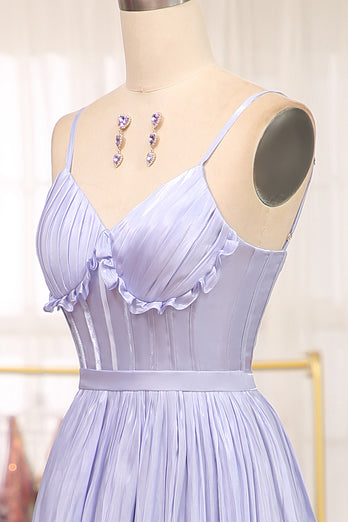 Lavender A Line Spaghetti Straps Tiered Long Corset Prom Dress With Slit