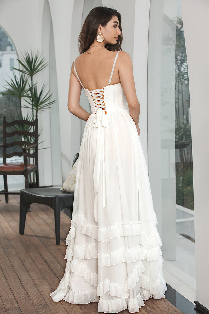 Load image into Gallery viewer, Simple White Ruffled Chiffon Corset Engagement Party Dress with Slit