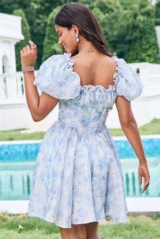 Light Blue A-Line Square Neck Short Homecoming Dress with Sleeves