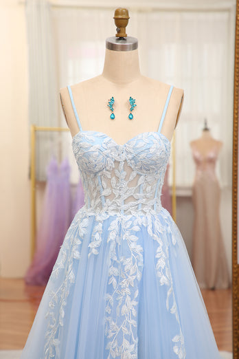 Sky Blue A Line Tulle Appliqued Long Corset Prom Dress With Front Slit