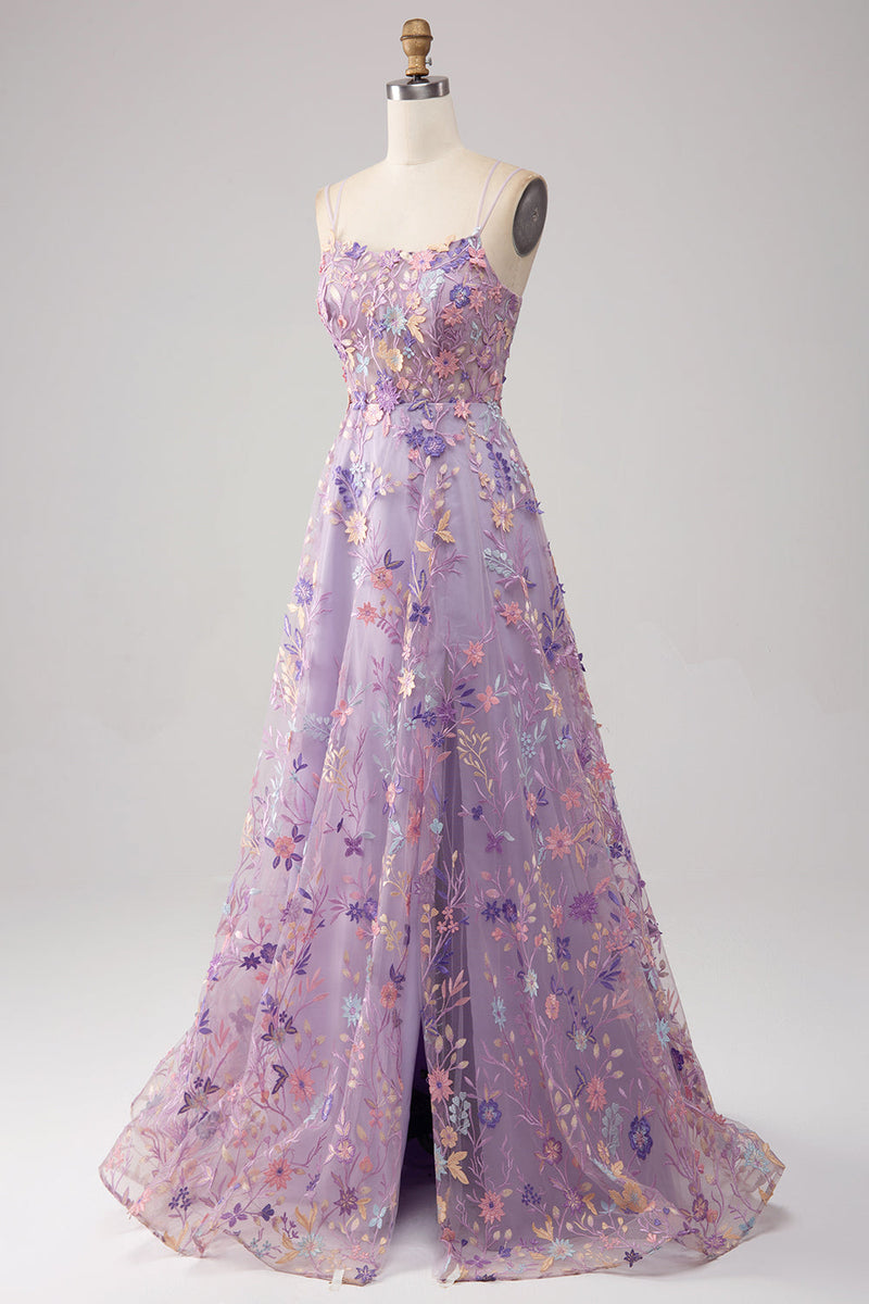 Load image into Gallery viewer, Light Purple A-Line Spaghetti Straps Long Prom Dress with Appliques