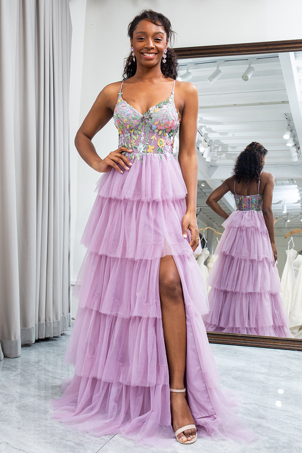 Mauve A Line Tulle Appliques Long Corset Tiered Prom Dress With Slit