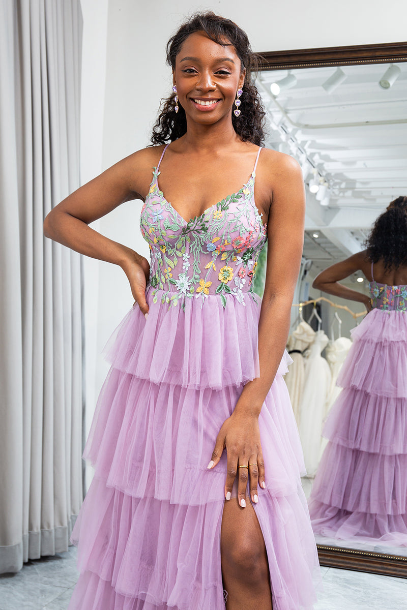 Load image into Gallery viewer, Mauve A Line Tulle Appliques Long Corset Tiered Prom Dress With Slit