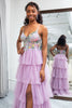 Load image into Gallery viewer, Mauve A Line Tulle Appliques Long Corset Tiered Prom Dress With Slit