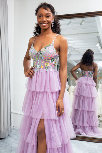 Mauve A Line Tulle Appliques Long Corset Tiered Prom Dress With Slit