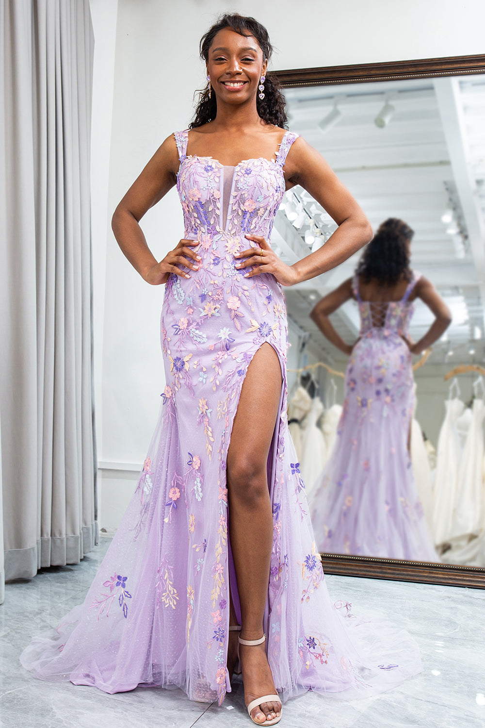 Mauve Mermaid Appliqued Long Corset Prom Dress With Slit