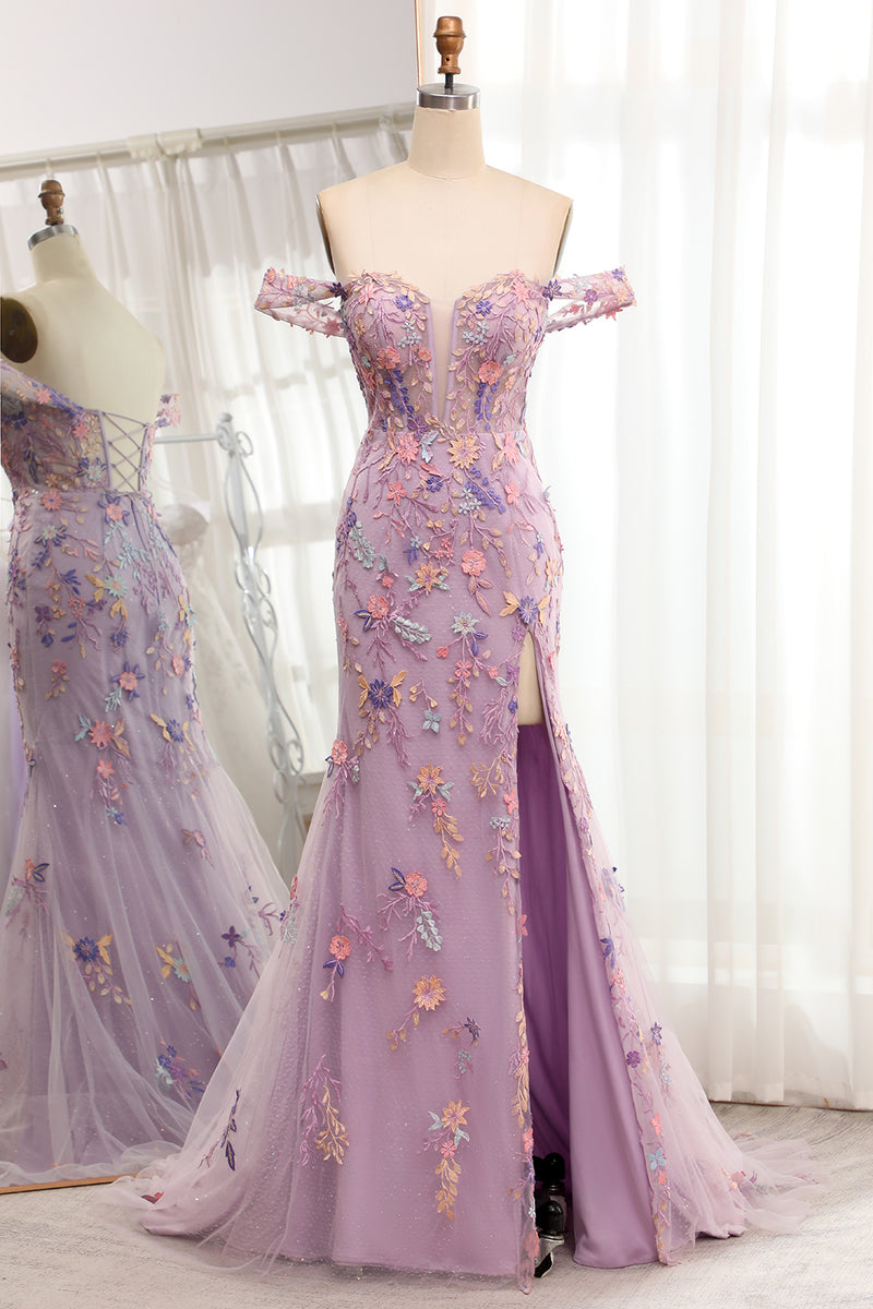 Load image into Gallery viewer, Light Purple Off The Shoulder Long Embroidered Mermaid Prom Dress Slit