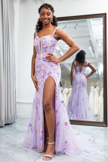 Mauve Mermaid Appliqued Long Corset Prom Dress With Slit