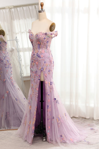 Light Purple Off The Shoulder Long Embroidered Mermaid Prom Dress Slit