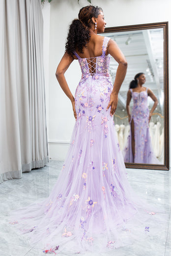 Mauve Mermaid Appliqued Long Corset Prom Dress With Slit