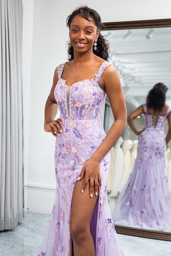 Mauve Mermaid Appliqued Long Corset Prom Dress With Slit