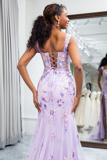 Mauve Mermaid Appliqued Long Corset Prom Dress With Slit