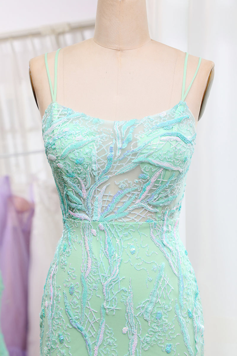 Load image into Gallery viewer, Green Mermaid Lace-Up Back Sequins Prom Dress with Slit