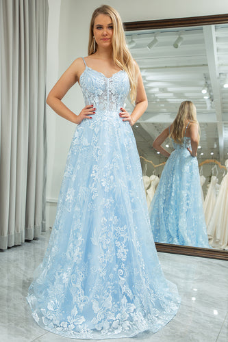 Sky Blue Tulle A Line Spaghetti Straps Long Corset Prom Dress With Appliques