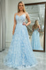 Load image into Gallery viewer, Sky Blue Tulle A Line Spaghetti Straps Long Corset Prom Dress With Appliques