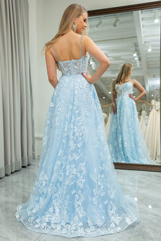 Sky Blue Tulle A Line Spaghetti Straps Long Corset Prom Dress With Appliques