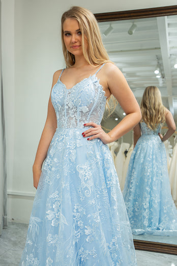 Sky Blue Tulle A Line Spaghetti Straps Long Corset Prom Dress With Appliques