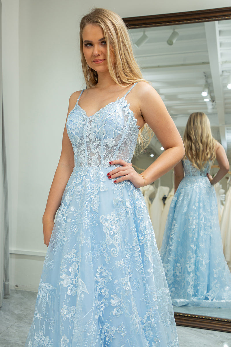 Load image into Gallery viewer, Sky Blue Tulle A Line Spaghetti Straps Long Corset Prom Dress With Appliques