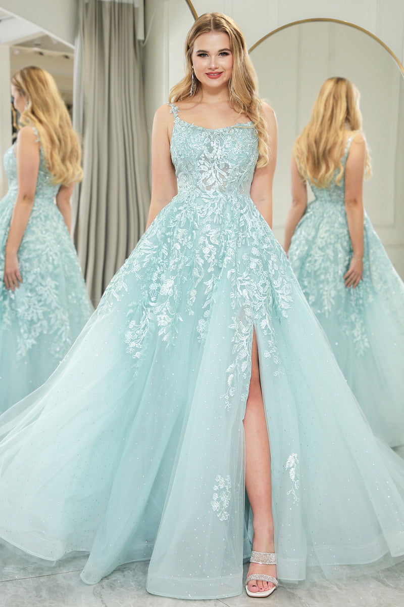 Load image into Gallery viewer, Mint Tulle A Line Appliqued Long Prom Dress With Slit