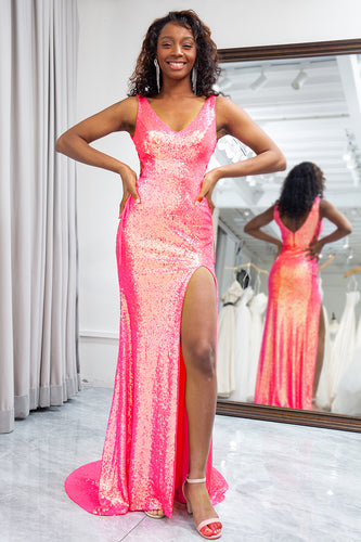 Sparkly Hot Pink Mermaid Sequined Long Prom Dress With Slit