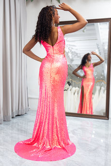 Sparkly Hot Pink Mermaid Sequined Long Prom Dress With Slit