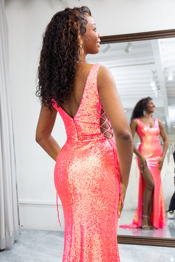 Sparkly Hot Pink Mermaid Sequined Long Prom Dress With Slit