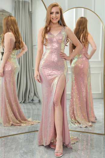 Sparkly Hot Pink Mermaid Sequined Long Prom Dress With Slit