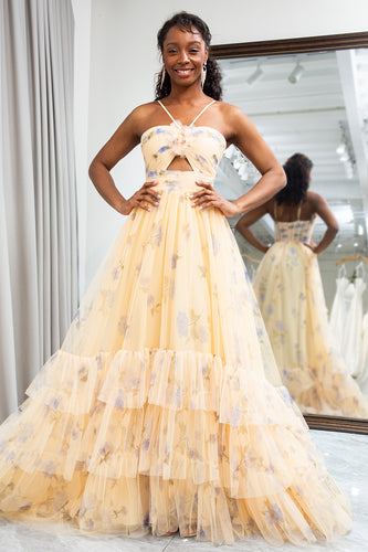 Yellow Tulle A Line Long Tiered Prom Dress With Prints