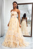 Load image into Gallery viewer, Yellow Tulle A Line Long Tiered Prom Dress With Prints