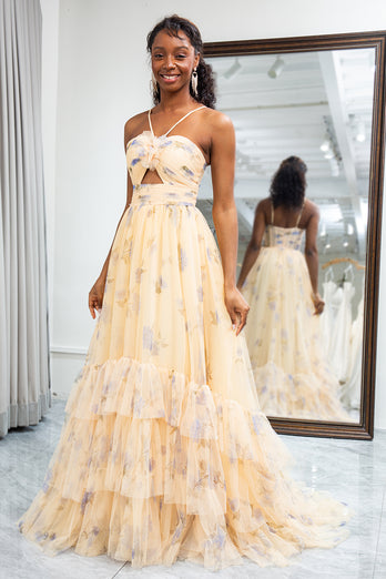 Yellow Tulle A Line Long Tiered Prom Dress With Prints