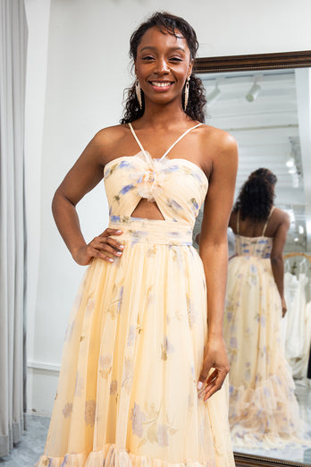 Yellow Tulle A Line Long Tiered Prom Dress With Prints