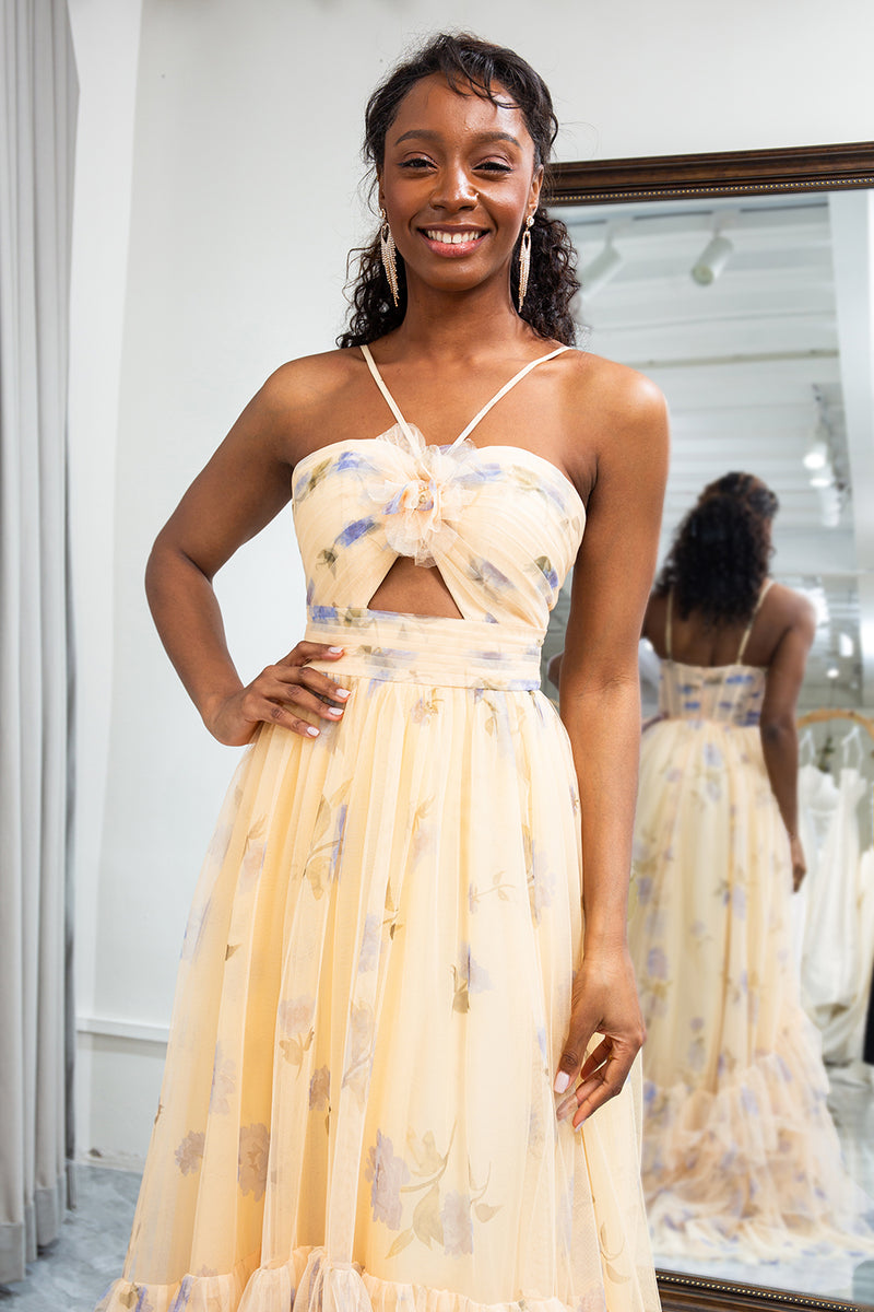 Load image into Gallery viewer, Yellow Tulle A Line Long Tiered Prom Dress With Prints