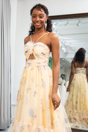 Yellow Tulle A Line Long Tiered Prom Dress With Prints