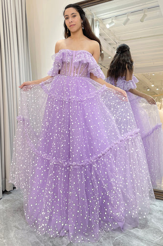 Lilac Tulle A Line Off the Shoulder Long Corset Prom Dress