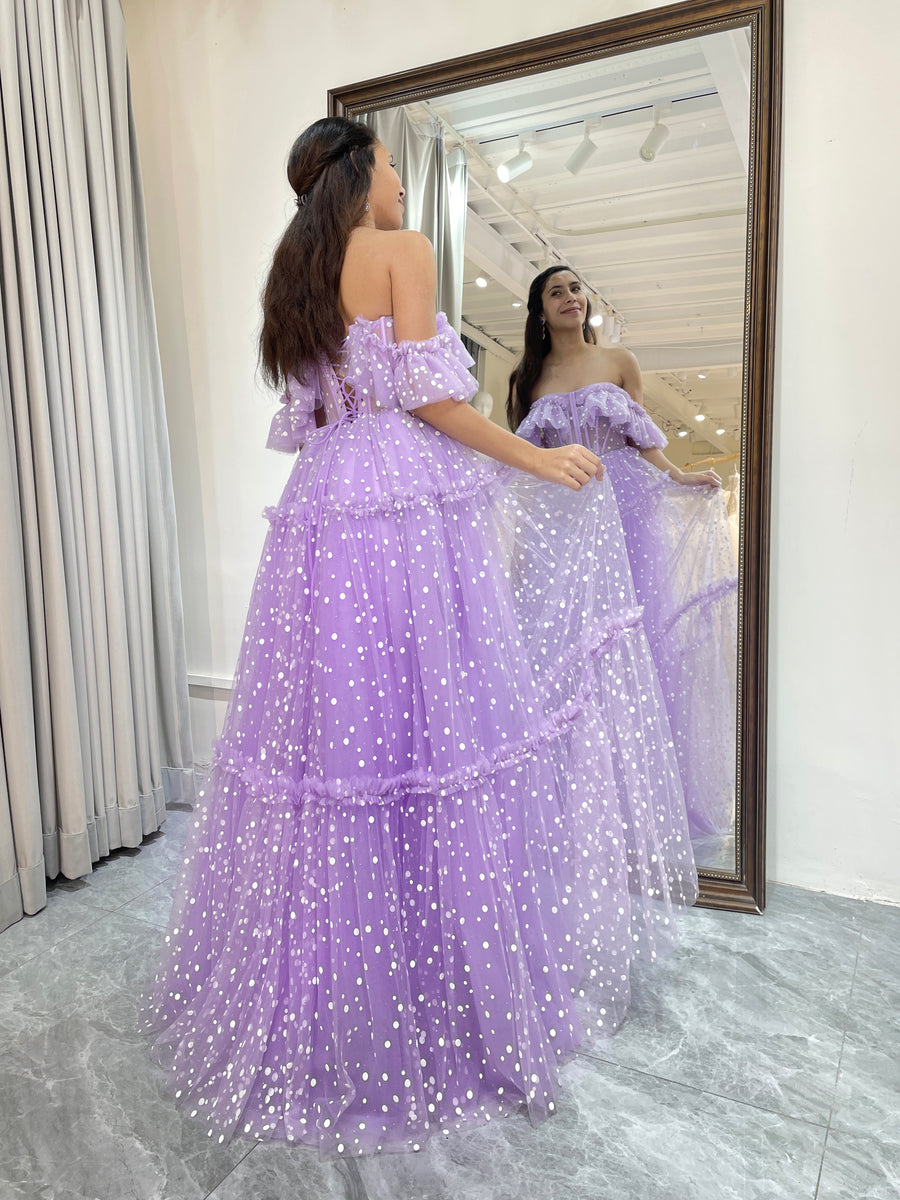 Load image into Gallery viewer, Lilac Tulle A Line Off the Shoulder Long Corset Prom Dress